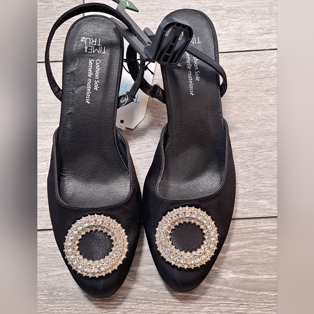 Brand New Time and Tru Black Satin Heels with Embellished Slingback